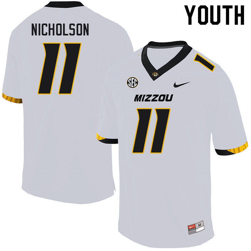 Youth #11 Devin Nicholson Missouri Tigers College Football Jerseys Sale-White - Click Image to Close